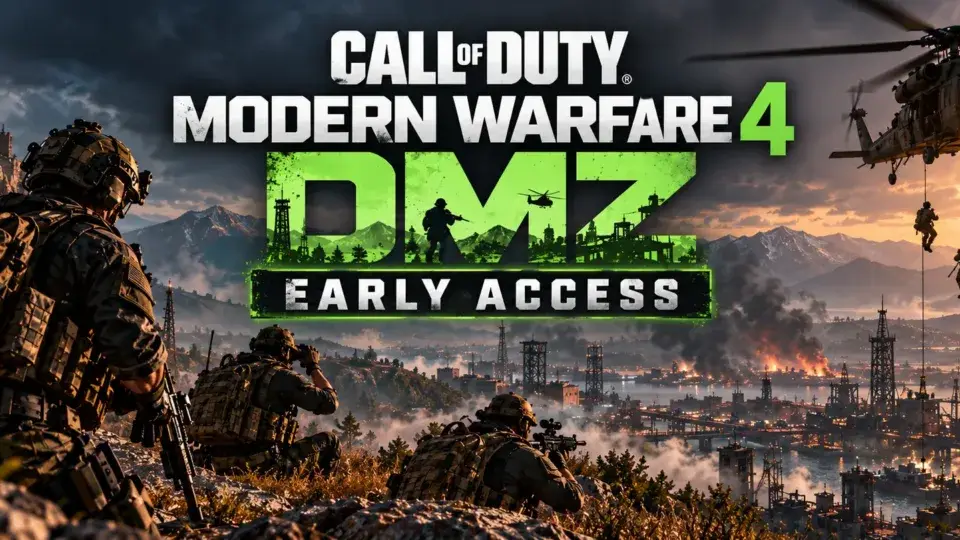 Modern Warfare 4 DMZ Early Access promotional banner showing armed soldiers, a military helicopter and an extraction zone.
