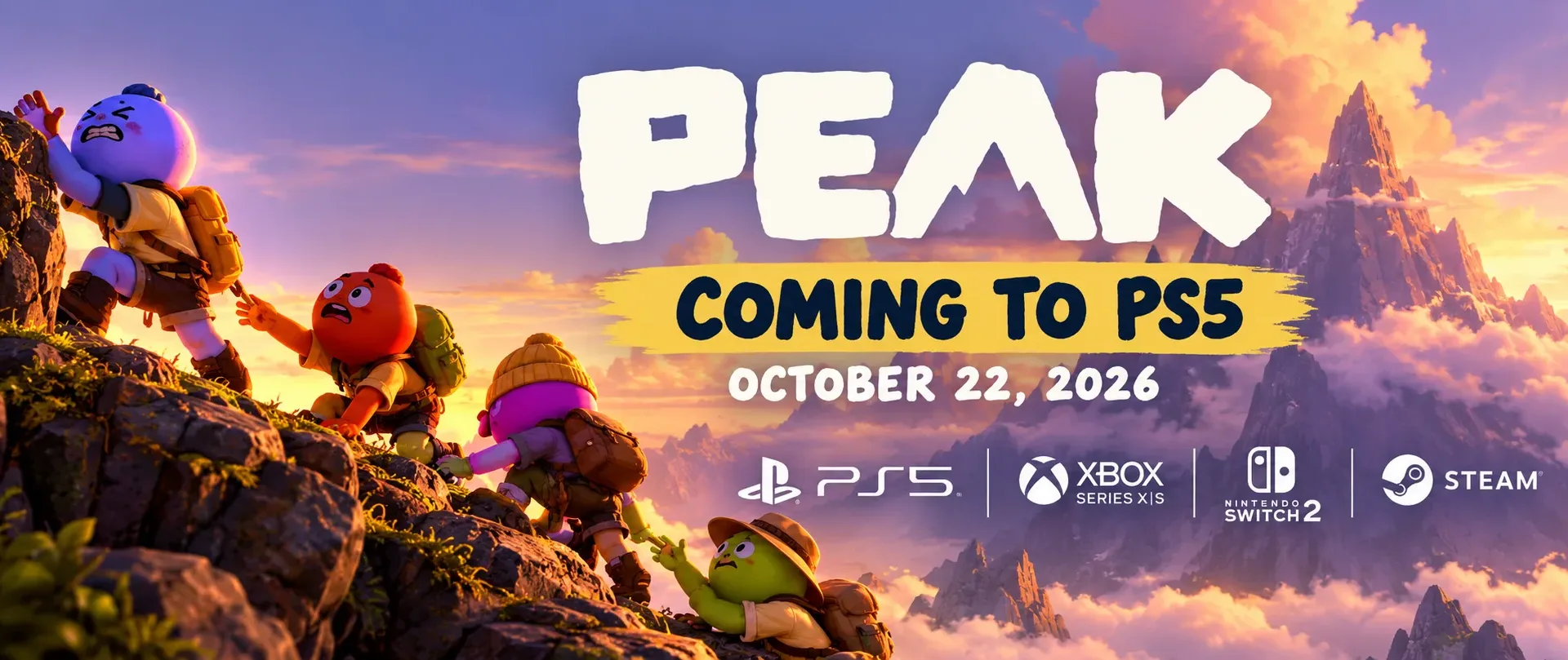 PEAK PS5 release date October 22, 2026, featuring four climbers and crossplay support for Xbox, Nintendo Switch 2 and PC.