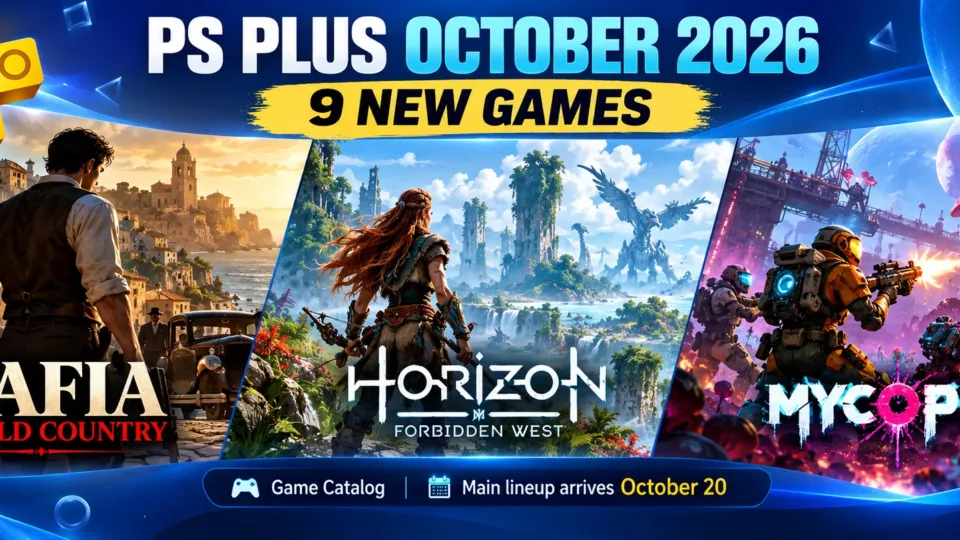 PS Plus October 2026 Game Catalog featuring Mafia: The Old Country, Horizon Forbidden West and Mycopunk.