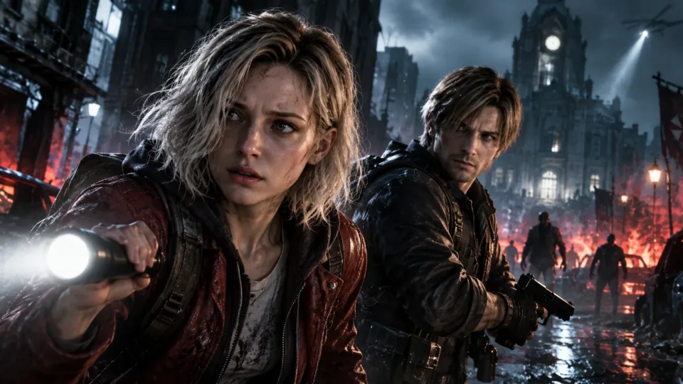 Resident Evil Requiem-inspired artwork featuring Grace Ashcroft and Leon Kennedy in a dark, zombie-infested city.
