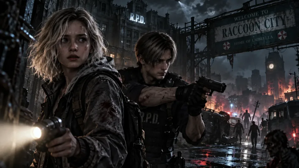 Resident Evil Requiem inspired survival horror scene with two survivors in a dark and damaged Raccoon City.