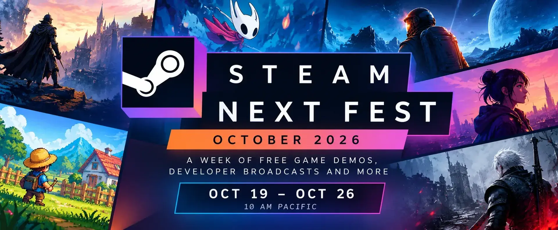 Steam Next Fest October 2026 promotional banner featuring free PC game demos and event dates October 19–26.