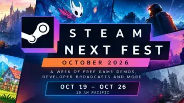 Steam Next Fest October 2026 promotional banner featuring free PC game demos and event dates October 19–26.