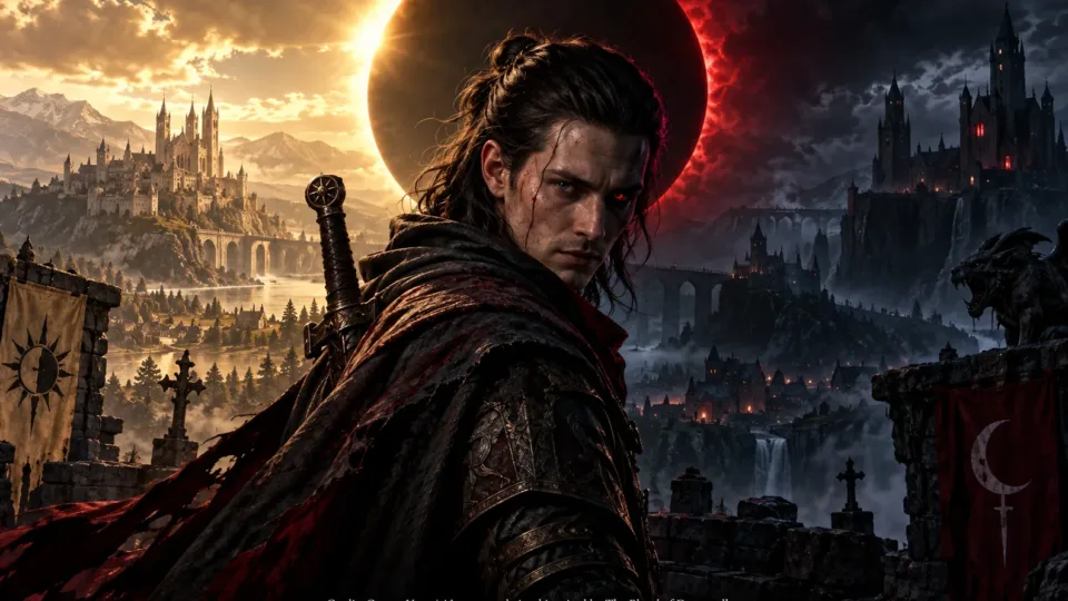 The Blood of Dawnwalker inspired scene showing a dark fantasy warrior beneath a solar eclipse with contrasting human and vampire worlds.